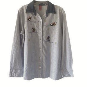 Embroidered Skating Penguin Blue/White Stripe Button Up Long Sleeve Shirt Size S